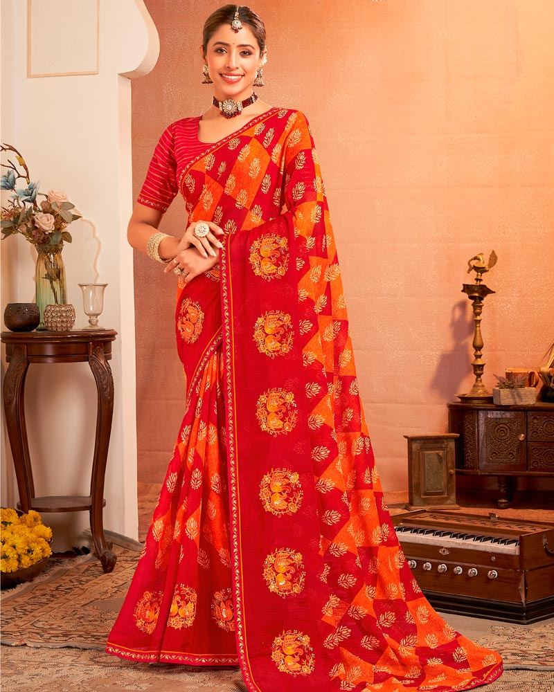 Vishal Prints Flame Orange And Chilli Red Designer Chiffon Saree With Resham-Zari-Embroidery-Diamond Work And Fancy Border