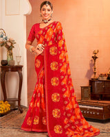 Vishal Prints Flame Orange And Chilli Red Designer Chiffon Saree With Resham-Zari-Embroidery-Diamond Work And Fancy Border