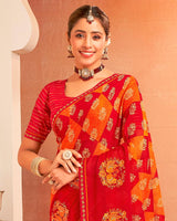 Vishal Prints Flame Orange And Chilli Red Designer Chiffon Saree With Resham-Zari-Embroidery-Diamond Work And Fancy Border