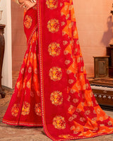 Vishal Prints Flame Orange And Chilli Red Designer Chiffon Saree With Resham-Zari-Embroidery-Diamond Work And Fancy Border