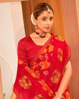 Vishal Prints Flame Orange And Chilli Red Designer Chiffon Saree With Resham-Zari-Embroidery-Diamond Work And Fancy Border