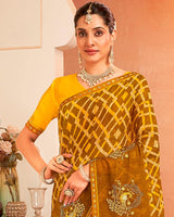 Vishal Prints Brown And Sunshade Yellow Designer Chiffon Saree With Resham-Zari-Embroidery-Diamond Work And Fancy Border