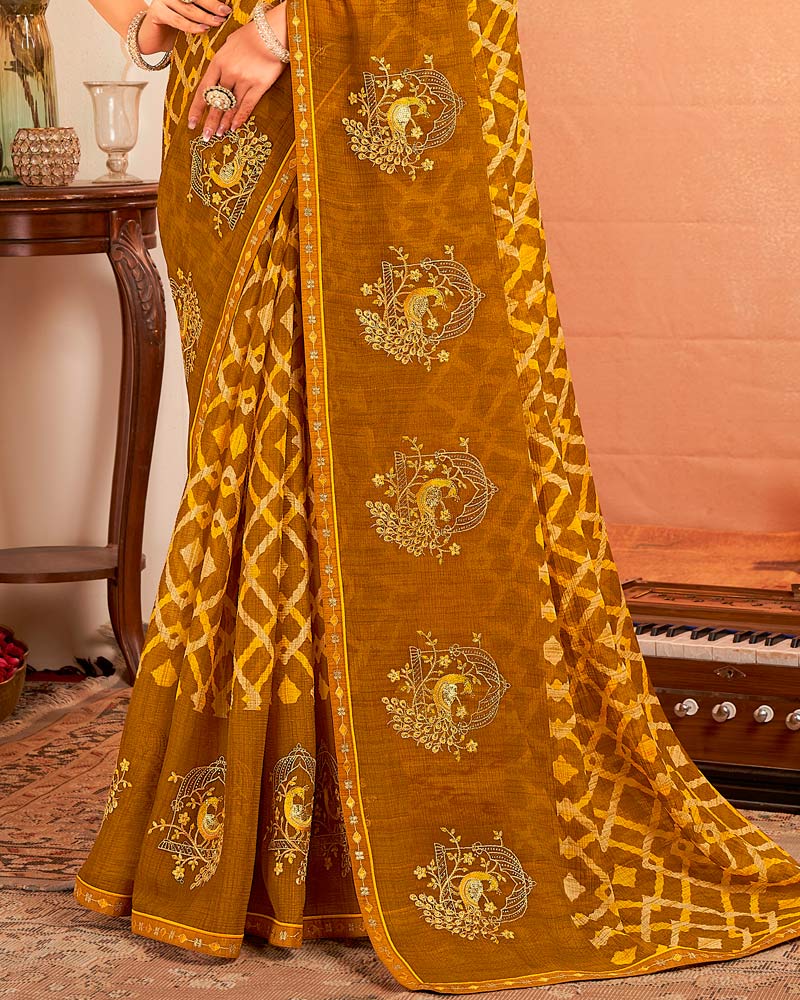 Vishal Prints Brown And Sunshade Yellow Designer Chiffon Saree With Resham-Zari-Embroidery-Diamond Work And Fancy Border