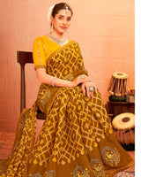 Vishal Prints Brown And Sunshade Yellow Designer Chiffon Saree With Resham-Zari-Embroidery-Diamond Work And Fancy Border