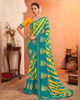 Vishal Prints Deep Sea Green Designer Chiffon Saree With Resham-Zari-Embroidery-Diamond Work And Fancy Border