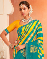 Vishal Prints Deep Sea Green Designer Chiffon Saree With Resham-Zari-Embroidery-Diamond Work And Fancy Border