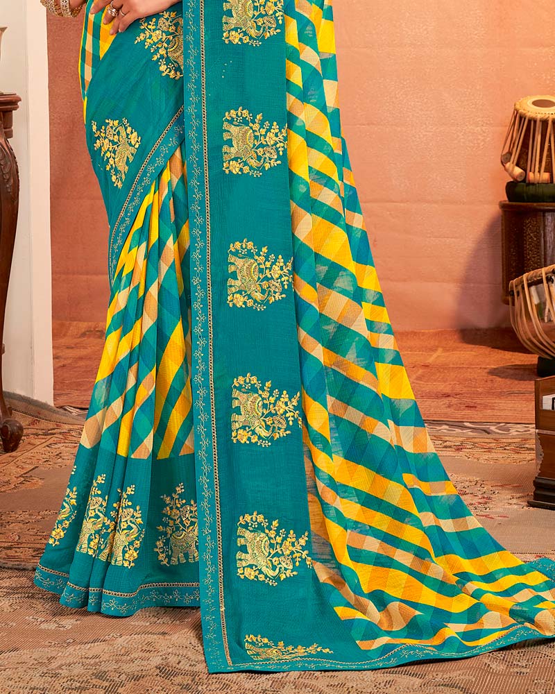 Vishal Prints Deep Sea Green Designer Chiffon Saree With Resham-Zari-Embroidery-Diamond Work And Fancy Border