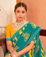 Vishal Prints Deep Sea Green Designer Chiffon Saree With Resham-Zari-Embroidery-Diamond Work And Fancy Border