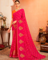 Vishal Prints Dark Raspberry Pink Designer Chiffon Saree With Resham-Zari-Embroidery-Diamond Work And Fancy Border