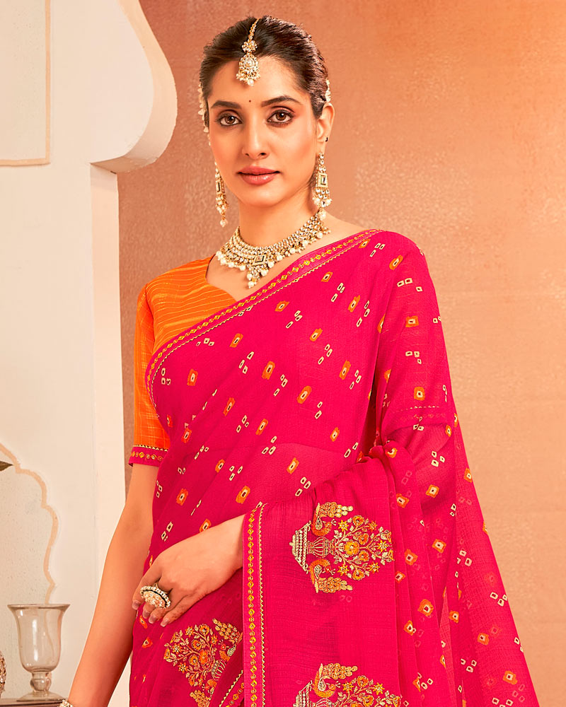 Vishal Prints Dark Raspberry Pink Designer Chiffon Saree With Resham-Zari-Embroidery-Diamond Work And Fancy Border