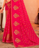 Vishal Prints Dark Raspberry Pink Designer Chiffon Saree With Resham-Zari-Embroidery-Diamond Work And Fancy Border
