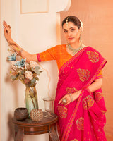 Vishal Prints Dark Raspberry Pink Designer Chiffon Saree With Resham-Zari-Embroidery-Diamond Work And Fancy Border