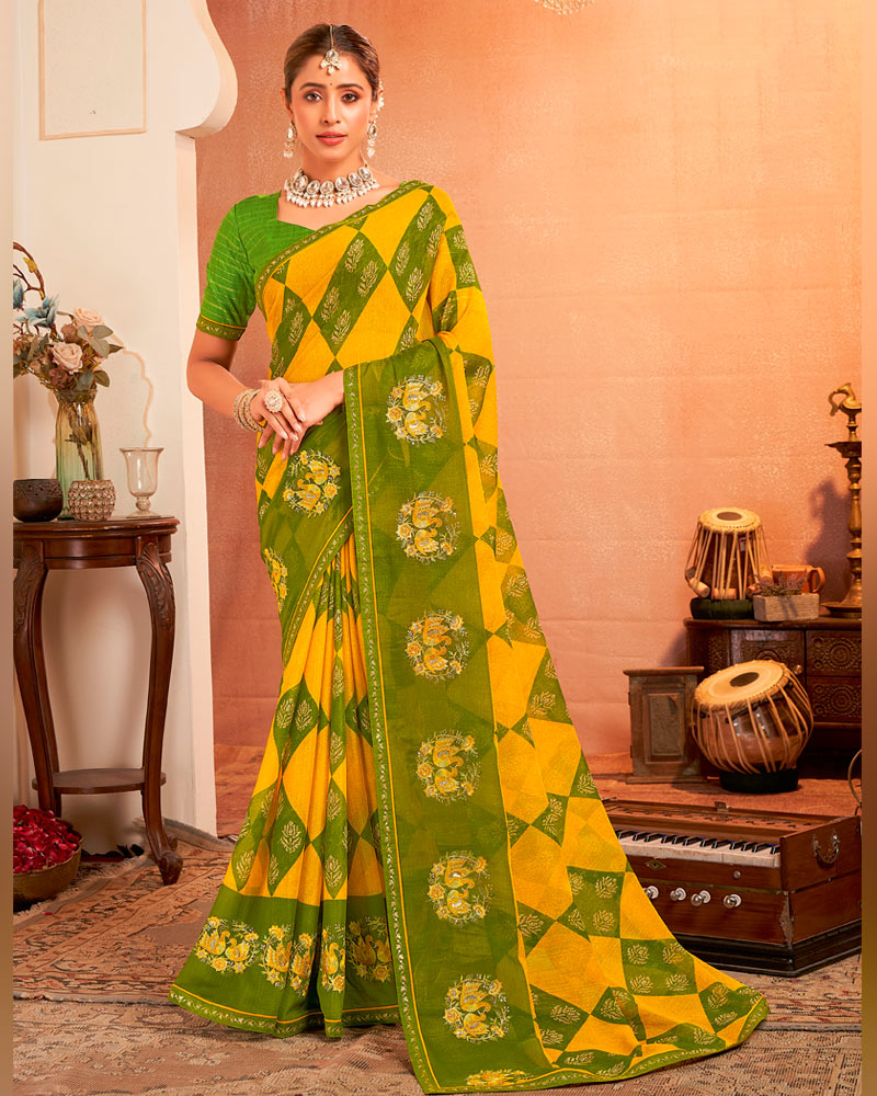 Vishal Prints Muddy Green And Golden Yellow Designer Chiffon Saree With Resham-Zari-Embroidery-Diamond Work And Fancy Border