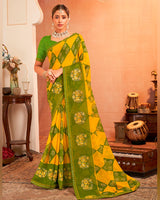Vishal Prints Muddy Green And Golden Yellow Designer Chiffon Saree With Resham-Zari-Embroidery-Diamond Work And Fancy Border