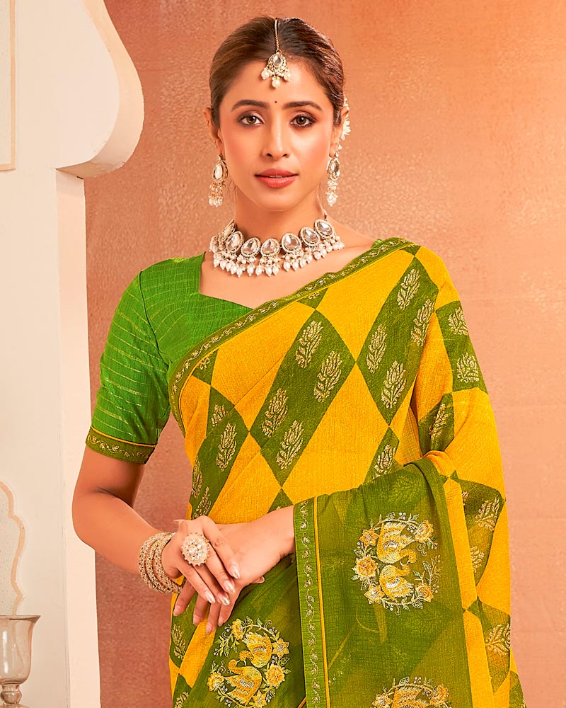 Vishal Prints Muddy Green And Golden Yellow Designer Chiffon Saree With Resham-Zari-Embroidery-Diamond Work And Fancy Border