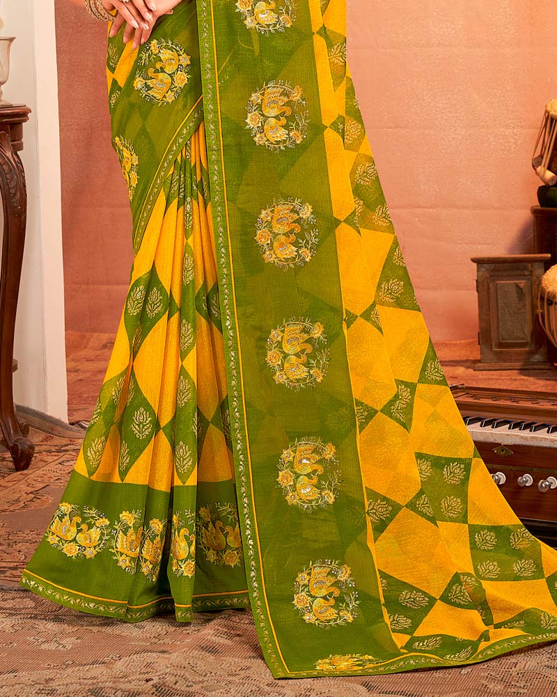 Vishal Prints Muddy Green And Golden Yellow Designer Chiffon Saree With Resham-Zari-Embroidery-Diamond Work And Fancy Border