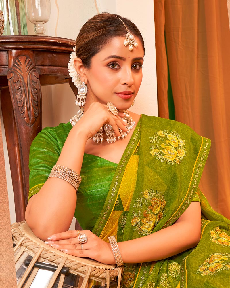 Vishal Prints Muddy Green And Golden Yellow Designer Chiffon Saree With Resham-Zari-Embroidery-Diamond Work And Fancy Border
