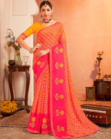 Vishal Prints Rose Pink And Orangey Yellow Designer Chiffon Saree With Resham-Zari-Embroidery-Diamond Work And Fancy Border