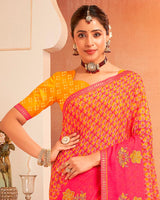 Vishal Prints Rose Pink And Orangey Yellow Designer Chiffon Saree With Resham-Zari-Embroidery-Diamond Work And Fancy Border