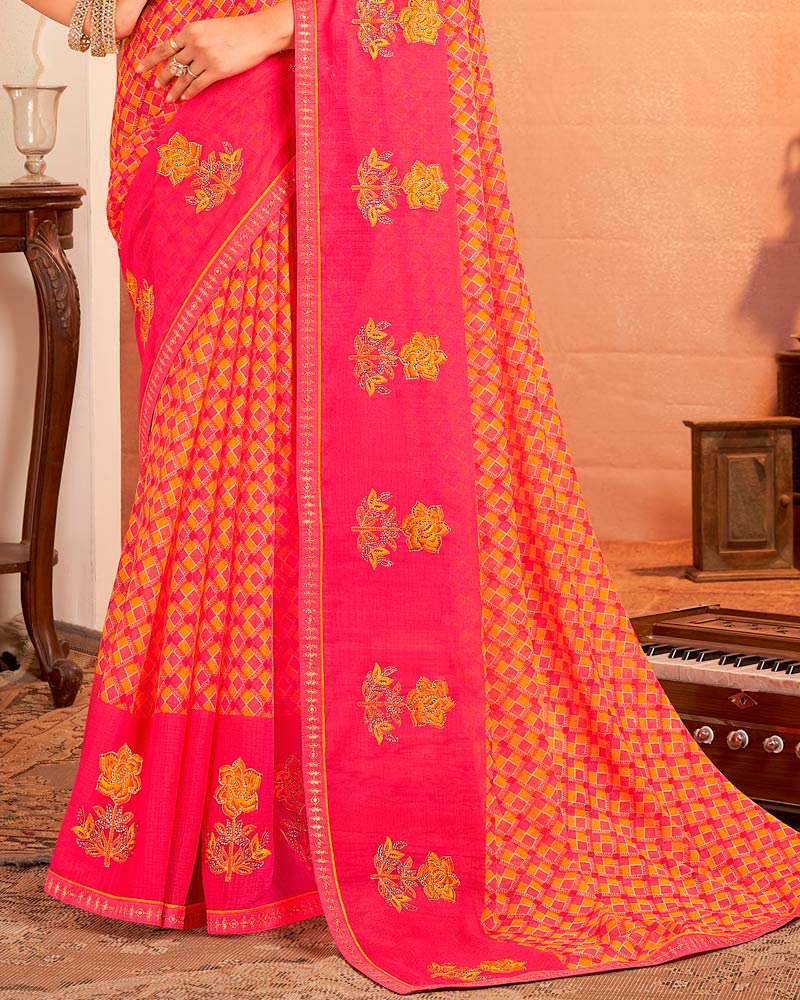 Vishal Prints Rose Pink And Orangey Yellow Designer Chiffon Saree With Resham-Zari-Embroidery-Diamond Work And Fancy Border