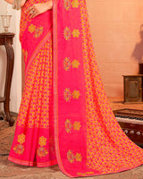 Vishal Prints Rose Pink And Orangey Yellow Designer Chiffon Saree With Resham-Zari-Embroidery-Diamond Work And Fancy Border