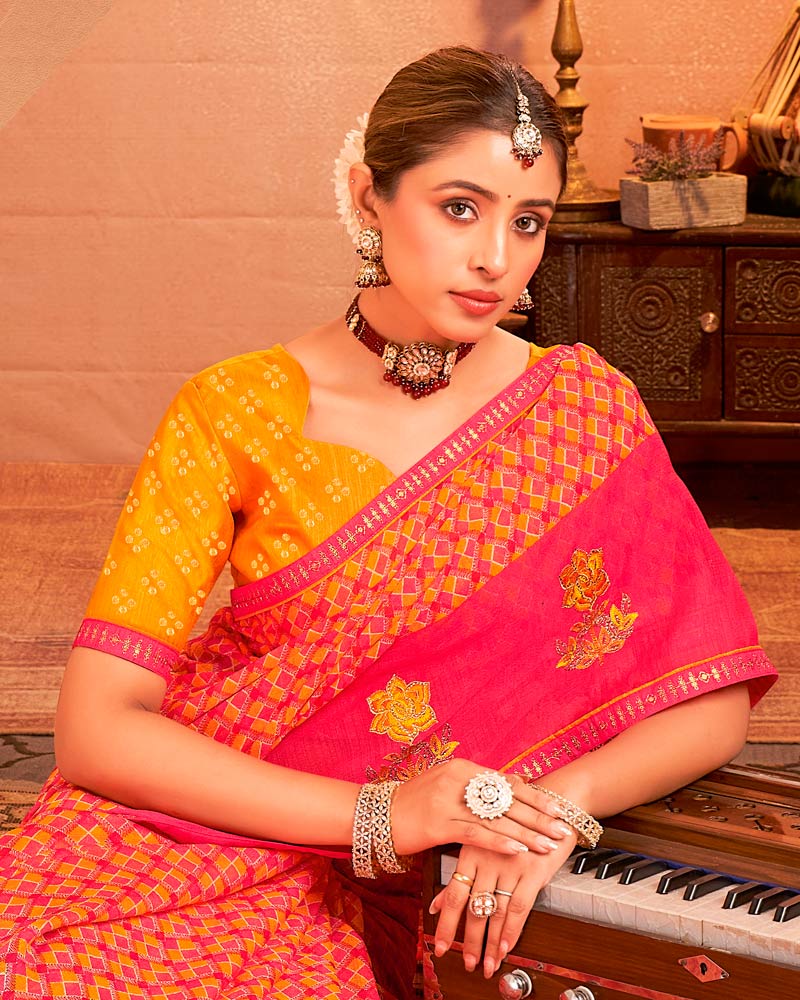 Vishal Prints Rose Pink And Orangey Yellow Designer Chiffon Saree With Resham-Zari-Embroidery-Diamond Work And Fancy Border