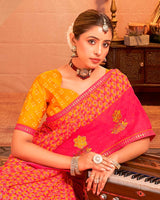 Vishal Prints Rose Pink And Orangey Yellow Designer Chiffon Saree With Resham-Zari-Embroidery-Diamond Work And Fancy Border
