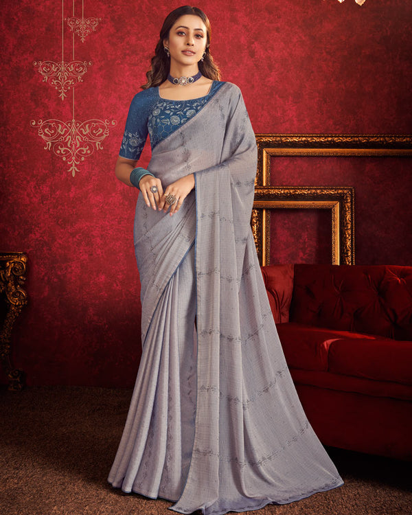 Vishal Prints Grey Designer Fancy Chiffon Saree With Diamond Work And Core Piping