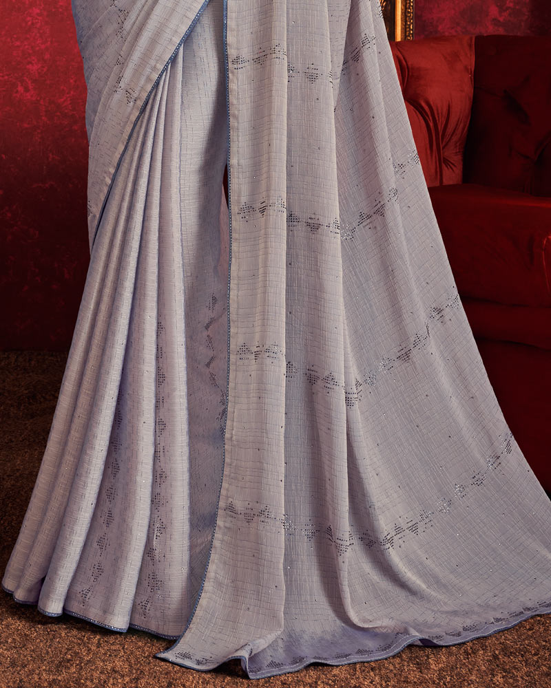 Vishal Prints Grey Designer Fancy Chiffon Saree With Diamond Work And Core Piping