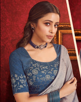 Vishal Prints Grey Designer Fancy Chiffon Saree With Diamond Work And Core Piping
