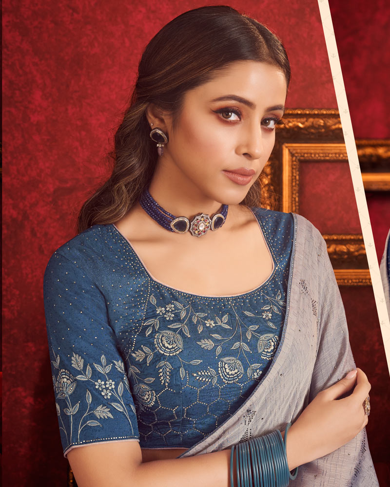 Vishal Prints Grey Designer Fancy Chiffon Saree With Diamond Work And Core Piping