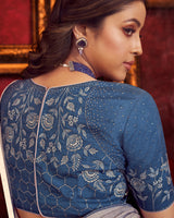 Vishal Prints Grey Designer Fancy Chiffon Saree With Diamond Work And Core Piping