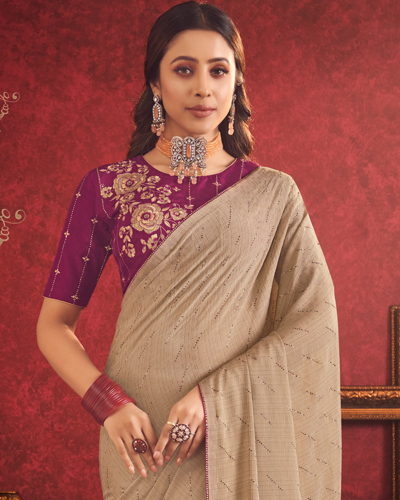 Vishal Prints Pastel Brown Designer Fancy Chiffon Saree With Diamond Work And Core Piping