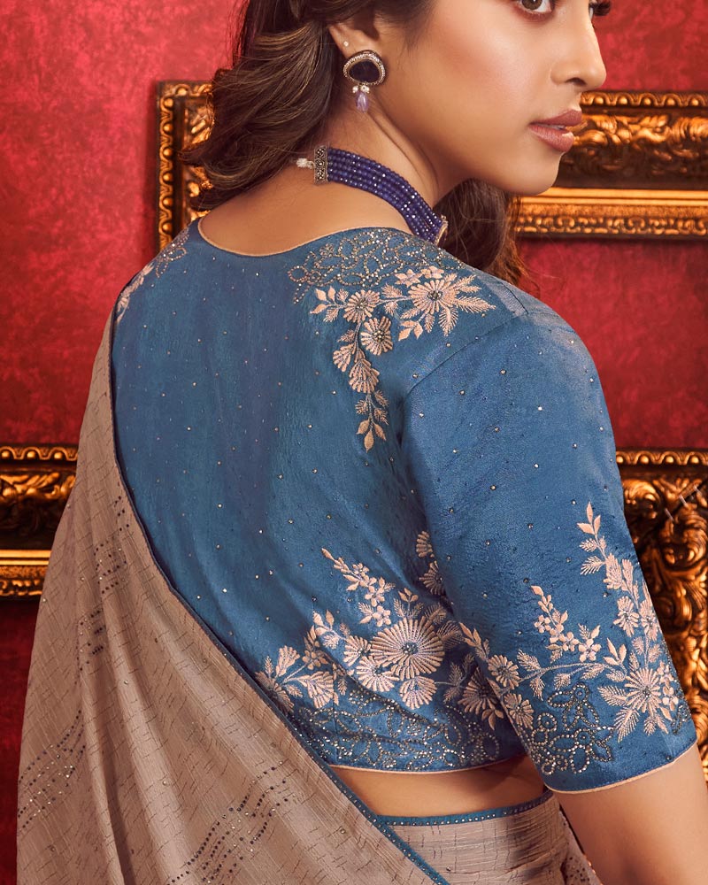 Vishal Prints Cement Brown Designer Fancy Chiffon Saree With Diamond Work And Core Piping