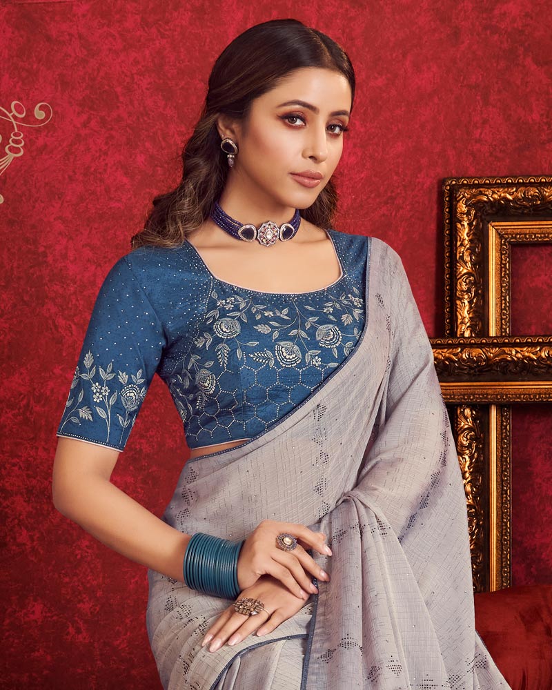 Vishal Prints Cement Brown Designer Fancy Chiffon Saree With Diamond Work And Core Piping