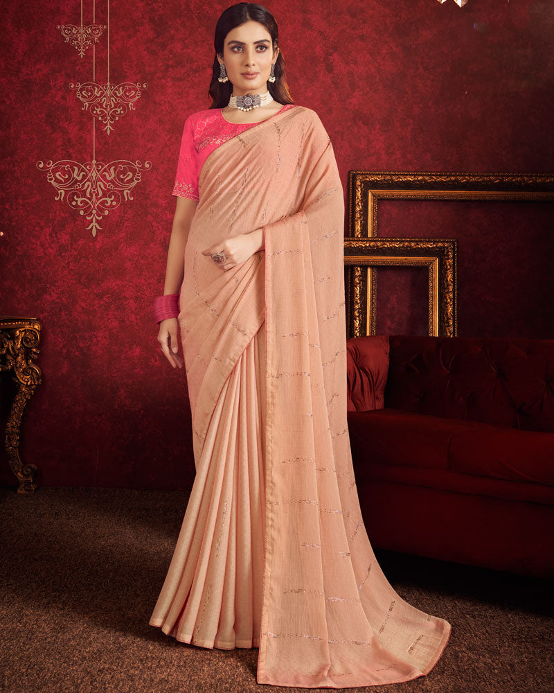 Vishal Prints Pharlap Orange Designer Fancy Chiffon Saree With Diamond Work And Core Piping