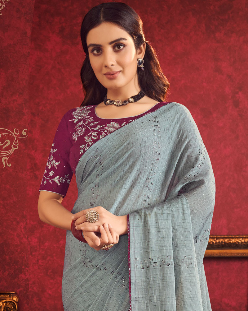 Vishal Prints Pewter Green Designer Fancy Chiffon Saree With Diamond Work And Core Piping