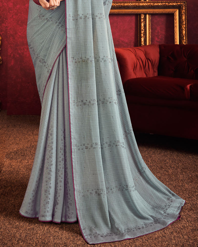 Vishal Prints Pewter Green Designer Fancy Chiffon Saree With Diamond Work And Core Piping