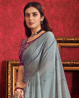 Vishal Prints Pewter Green Designer Fancy Chiffon Saree With Diamond Work And Core Piping