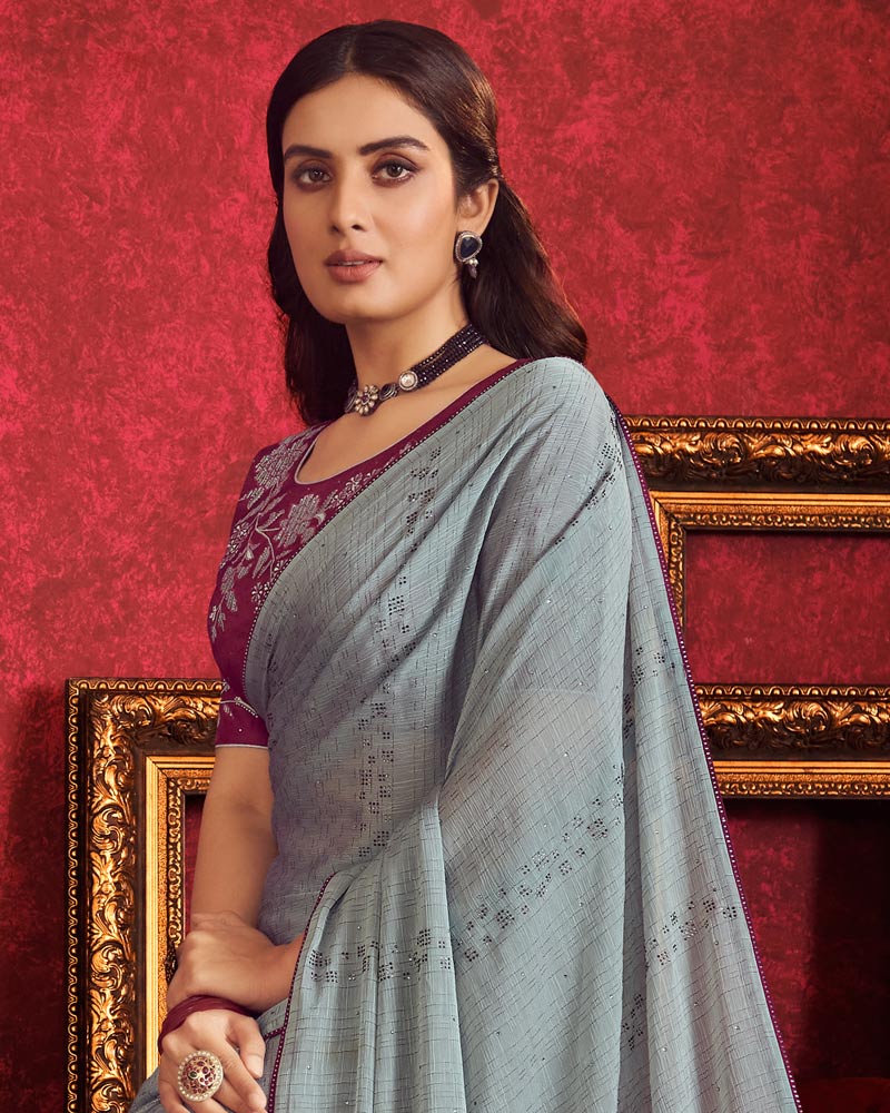 Vishal Prints Pewter Green Designer Fancy Chiffon Saree With Diamond Work And Core Piping