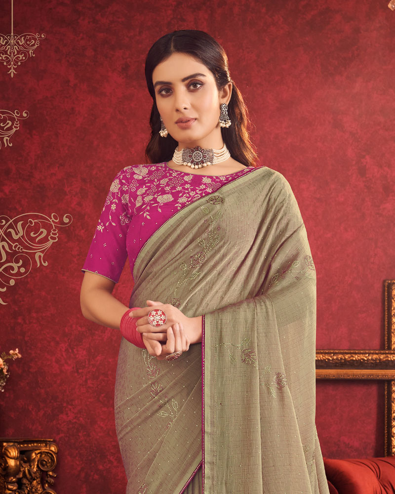 Vishal Prints Leather Green Designer Fancy Chiffon Saree With Diamond Work And Core Piping