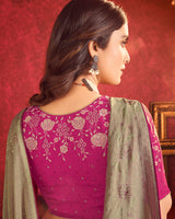 Vishal Prints Leather Green Designer Fancy Chiffon Saree With Diamond Work And Core Piping