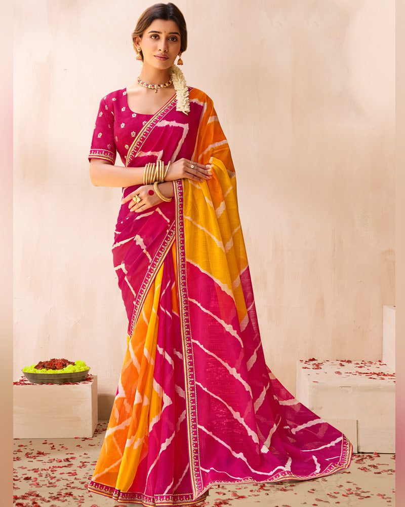 Vishal Prints Shaded Rani Mustard Traditional Print Chiffon Saree With Fancy Embroidery Border
