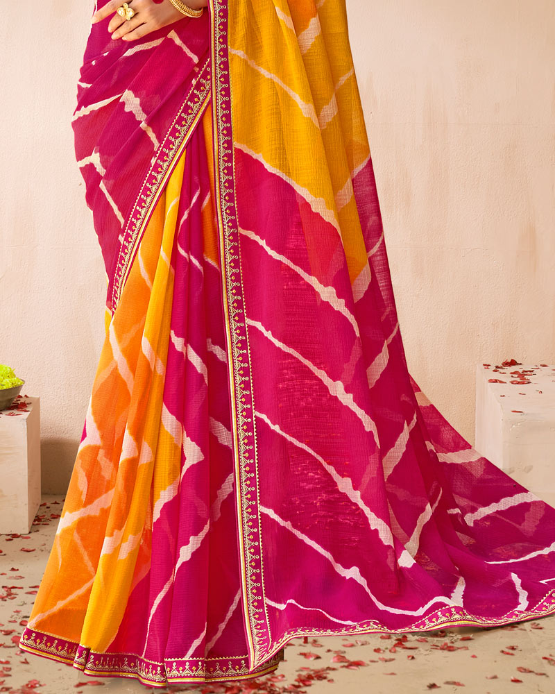 Vishal Prints Shaded Rani Mustard Traditional Print Chiffon Saree With Fancy Embroidery Border