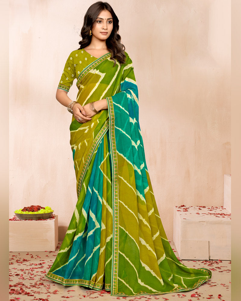 Vishal Prints Shaded Mehandi Green Blue Traditional Print Chiffon Saree With Fancy Embroidery Border