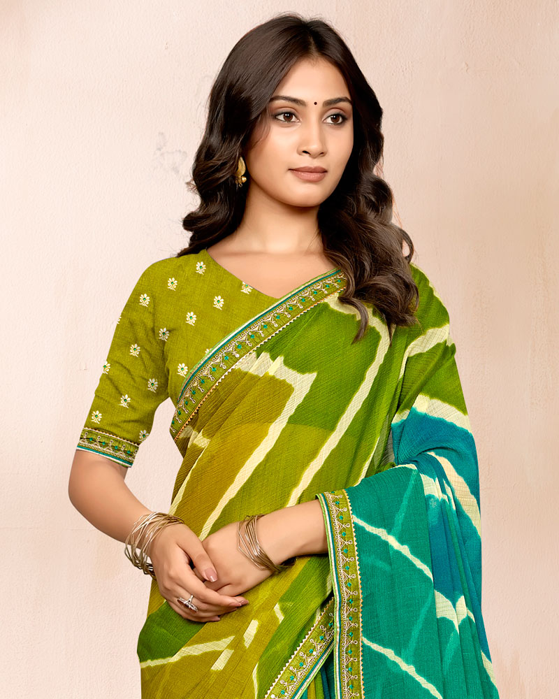 Vishal Prints Shaded Mehandi Green Blue Traditional Print Chiffon Saree With Fancy Embroidery Border