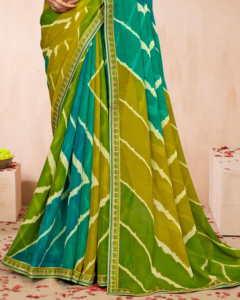 Vishal Prints Shaded Mehandi Green Blue Traditional Print Chiffon Saree With Fancy Embroidery Border