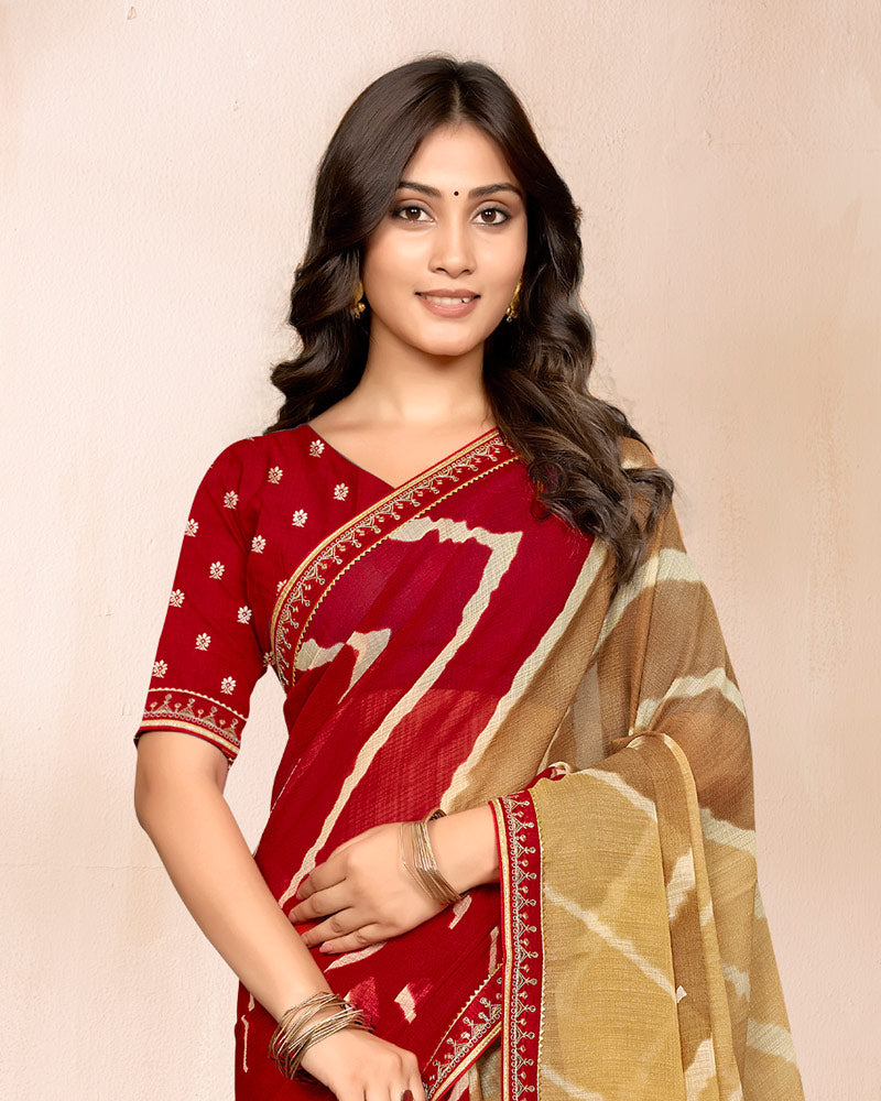 Vishal Prints Shaded Maroon Beige Traditional Print Chiffon Saree With Fancy Embroidery Border