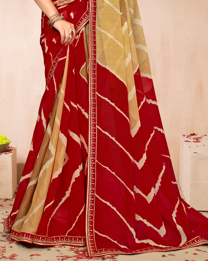 Vishal Prints Shaded Maroon Beige Traditional Print Chiffon Saree With Fancy Embroidery Border