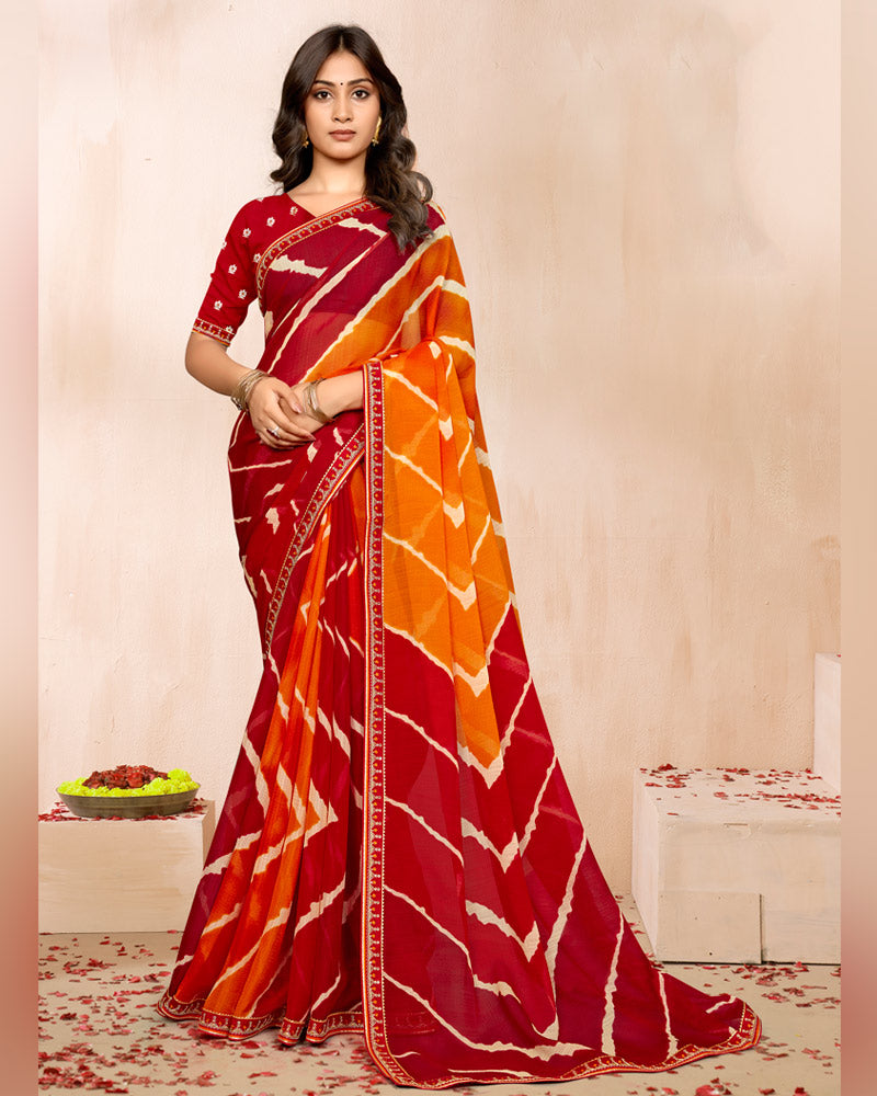 Vishal Prints Shaded Sindoori Red Orange Traditional Print Chiffon Saree With Fancy Embroidery Border